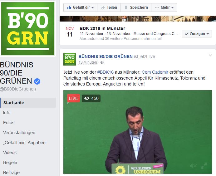Rede von Cem Özdemir auf facebook. Zum Aufnahmezeitpunkt 450 zusätzliche Views